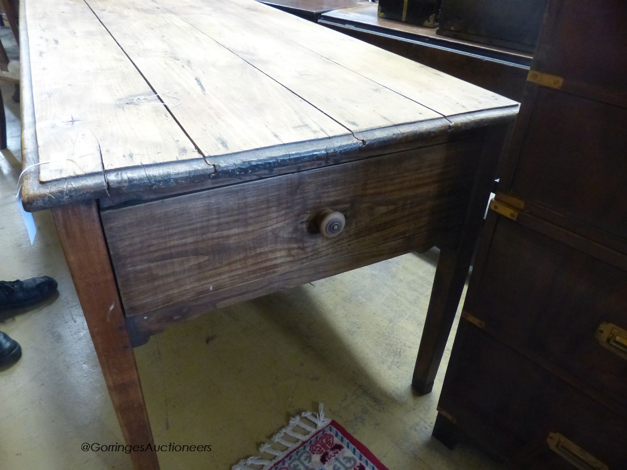 A 19th century French fruitwood kitchen table, length 190cm, depth 80cm, height 76cm